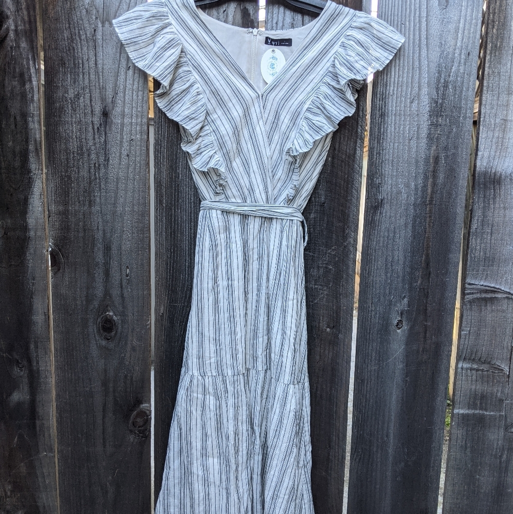 Grey White Striped Ruffle-front Midi Dress